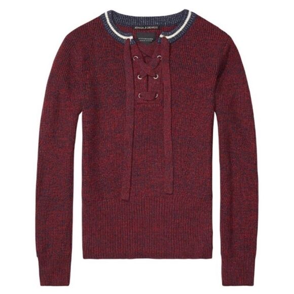Scotch & Soda Nomadic Dreamer Lace Up Sweater in Burgundy - Picture 1 of 11